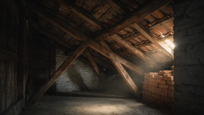 Interior de forro de telhado com estrutura de madeira e fresta de luz, abrigo tipico de colonia de morcegos